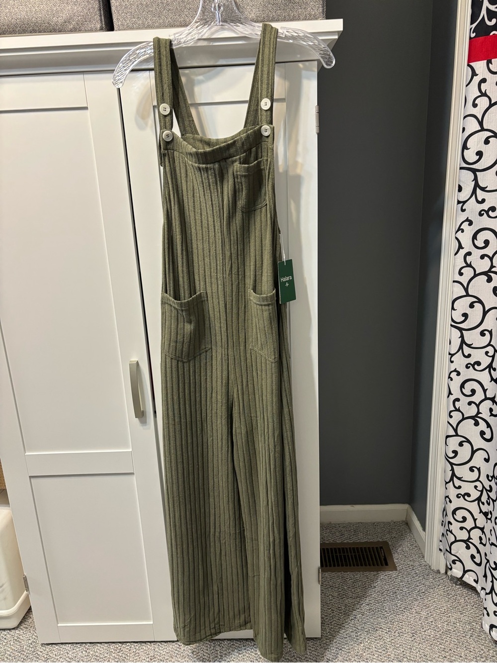 HALARA Moss Green Ribbed Knit Wide Leg Casual Overalls Jumpsuit Pockets Sz S NWT